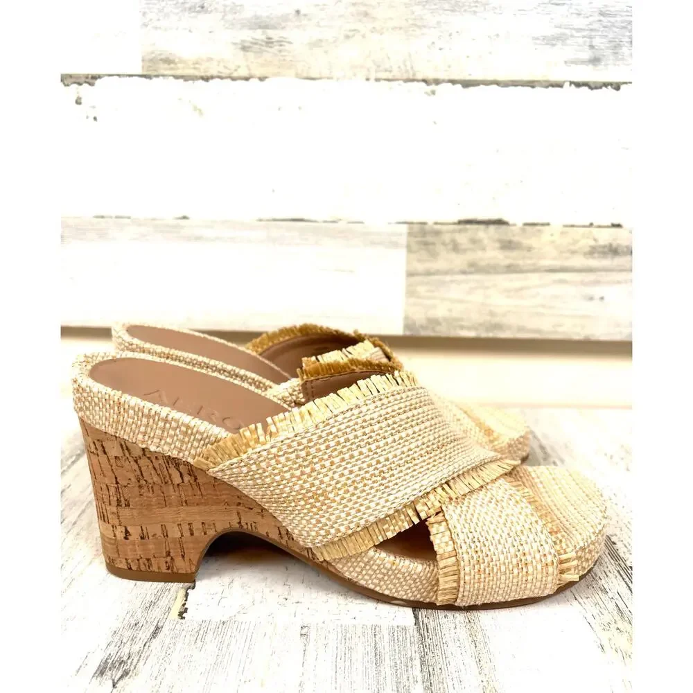 Aerosoles Womens 9.5 Tan Madina Crisscross Raffia Wedge Heel Summer Sandal NEW